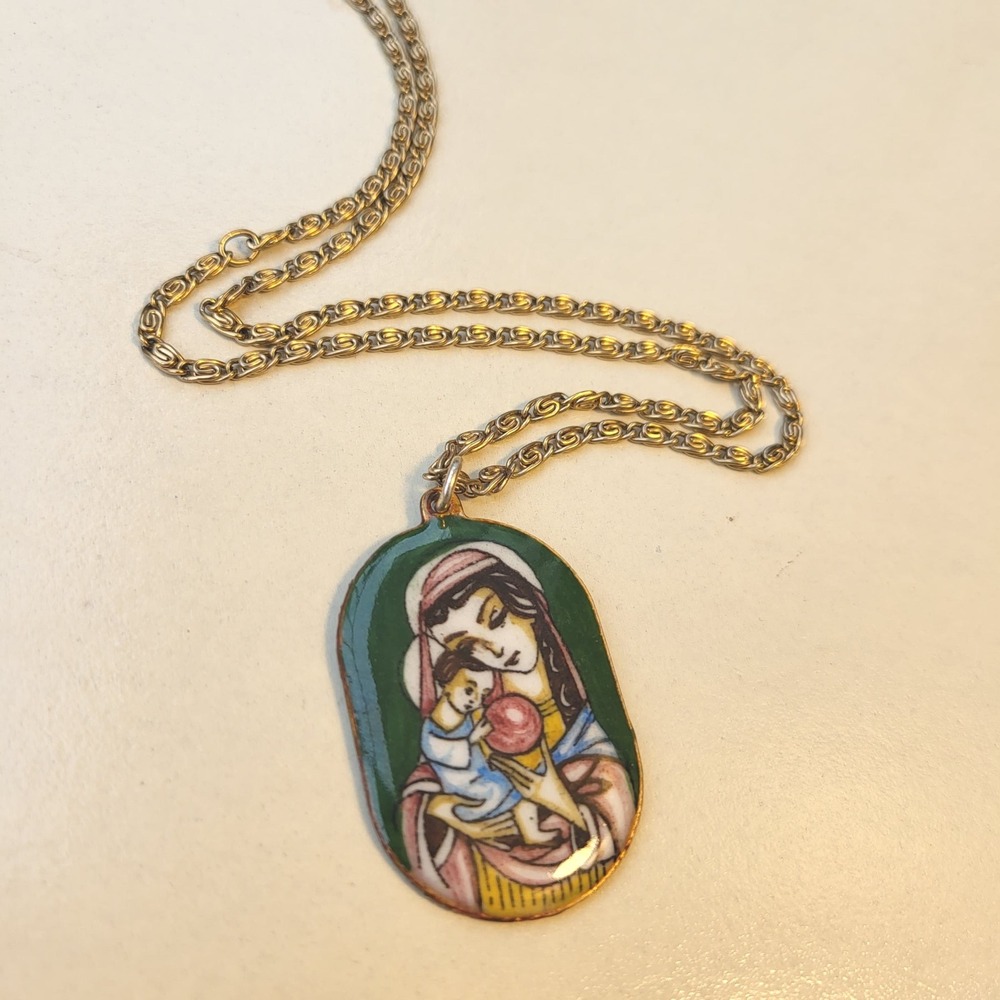 Vintage Avon Madonna and Child Enamel Pendant Necklace Gold Tone Green Blue